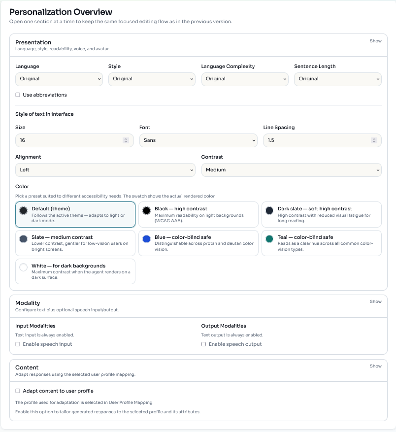 BESSER personalization overview panel for configuring presentation, modality, and content adaptations.